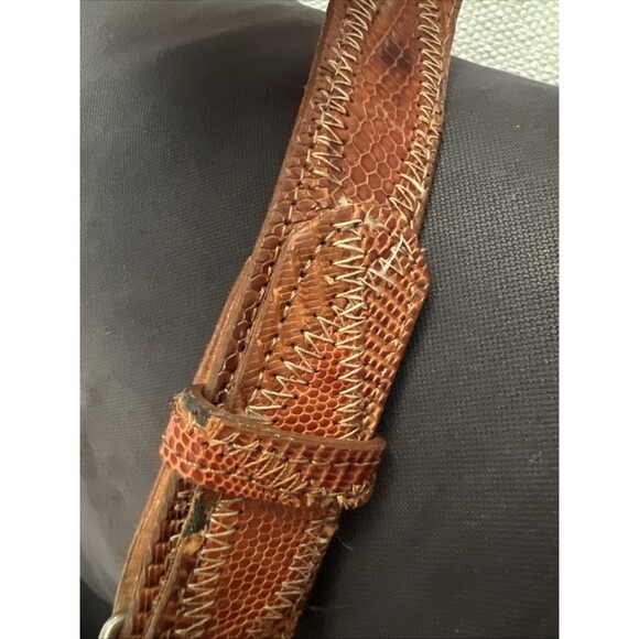 Wood Turquoise Brass Inlay Landscape Buckle Lizard  Belt Hippie Vtg Sky West 34 - Picture 8 of 11